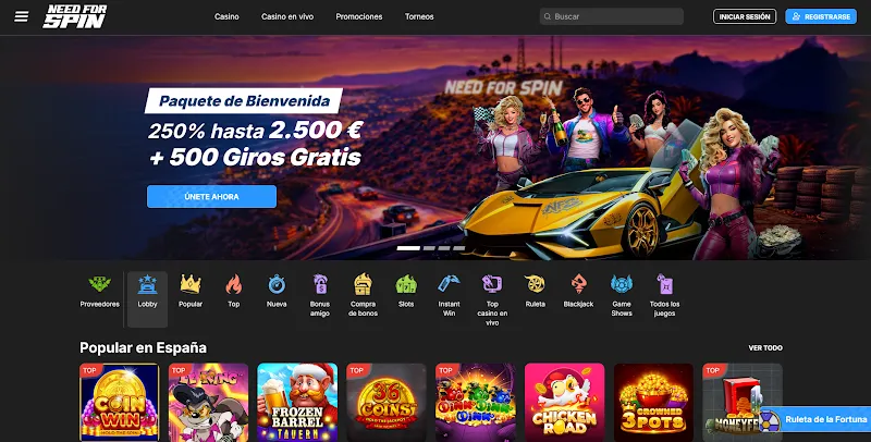 Need For Spin — paquete de bienvenida con 500 giros gratis