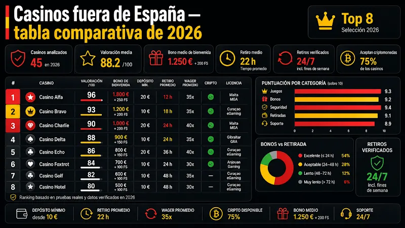 Tabla resumen de casinos fuera de España (2026)